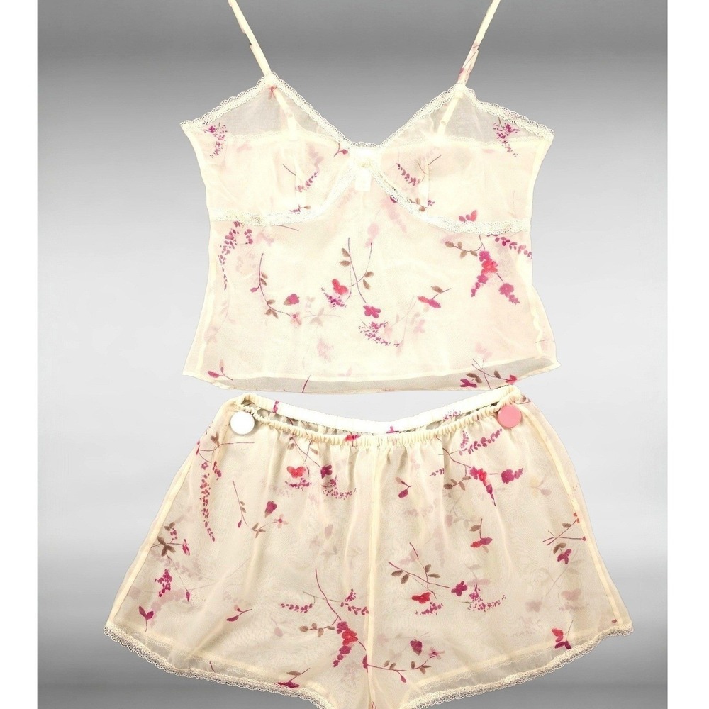 Vintage Y2K Calvin Klein Floral Mesh Cami Shorts Pajama Set Dainty Yellow M
